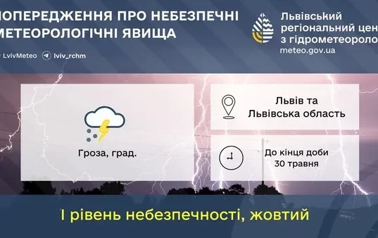 На Львівщині до кінця доби 30 травня прогнозують грози та град