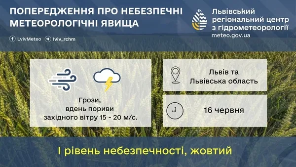 image 16 червня на Львівщині очікують грози та сильний вітер