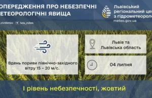 На Львівщині 4 липня очікують сильний вітер жовтого рівня небезпеки На Львівщині 4 липня очікують сильний вітер жовтого рівня небезпеки