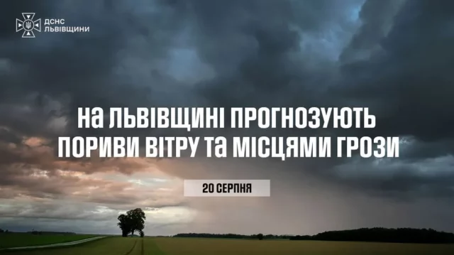 На Львівщині 20 серпня очікують пориви вітру та грози