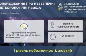 21 вересня на Львівщині очікують сильний вітер і грози 21 вересня на Львівщині очікують сильний вітер і грози