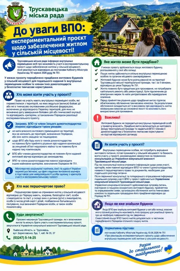 image Трускавецька громада запрошує ВПО до участі в проєкті забезпечення житлом у сільській місцевості